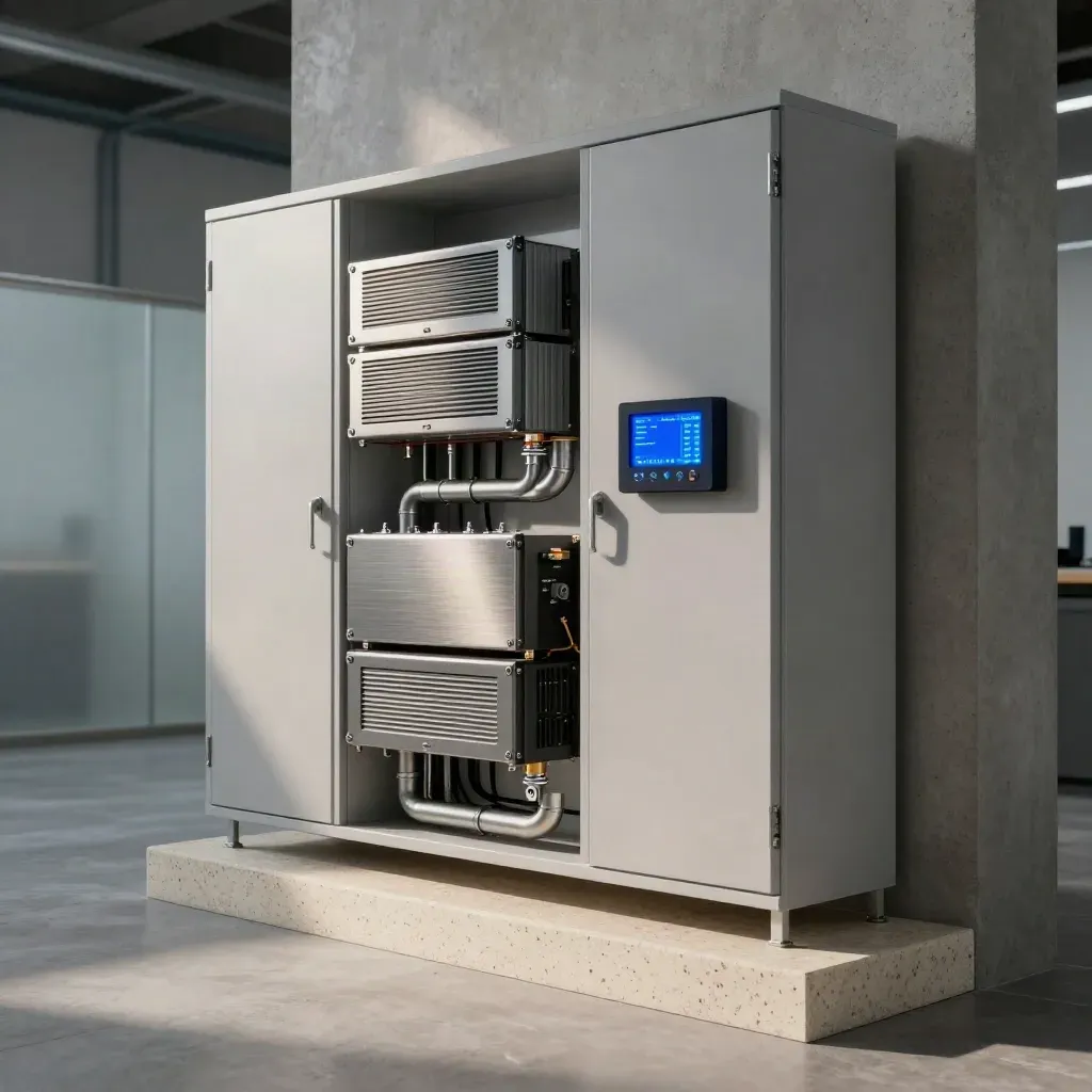 Battery backup cabinets and inverter stack waking into backup mode in a clean utility alcove.