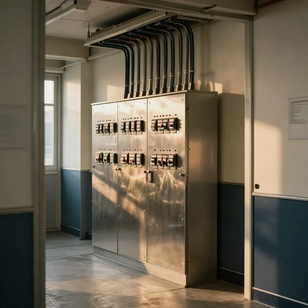 Organized electrical room with switchboard bank, cable tray, and panel wall lit by warm side light.