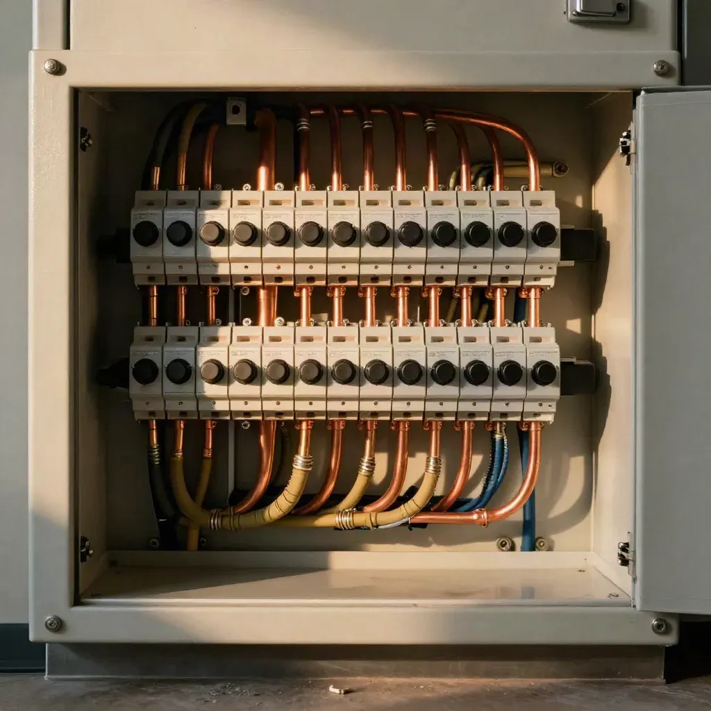 Renovated electrical panel close-up with copper bus bars and new breaker rows in moody light