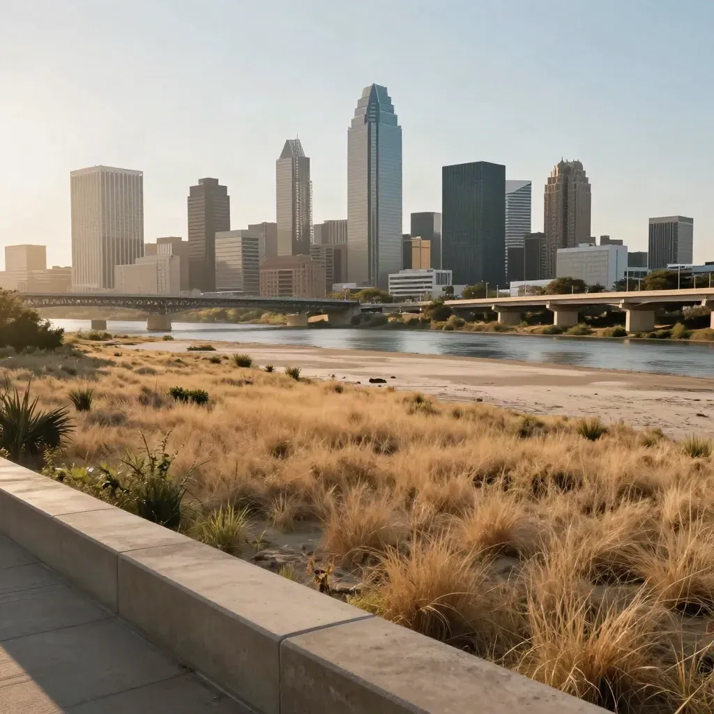 Dallas skyline and bridges over a hazy prairie river at golden hour