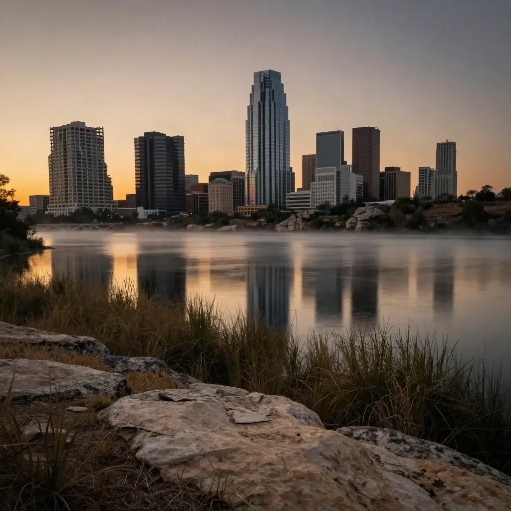 Austin skyline at sunset over a still lake with limestone hills and bridge silhouettes