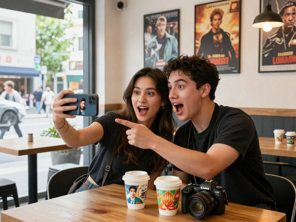 Friends comparing selfies to celebrities look alike in a vibrant café.